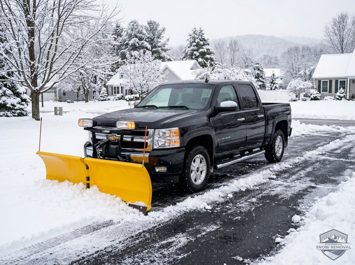 Pickup truck with a plow clearing a snowy residential driveway
